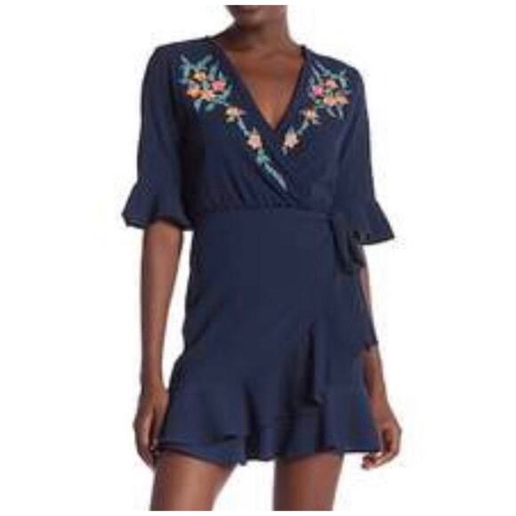 NWT Angie Blue Floral Embroidered Mini Ruffle Wrap Dress. Size M. - Picture 1 of 12